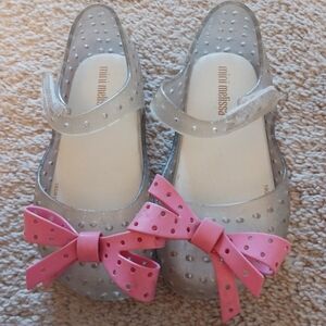Mini Melissa Silver Shoes with Pink Bows